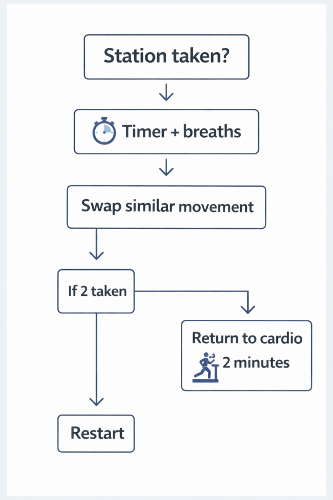 Mobile-friendly flowchart infographic in a clean blue, gray, and white palette. It starts with a top box reading “Station taken?” and branches to boxes for “timer + breaths” and “swap similar movement.” A smaller box says “if 2 taken,” leading to “return to cardio 2 minutes,” then to a final box labeled “restart.” Minimal icons (stopwatch, swap arrows, treadmill runner, restart arrows) and simple arrows connect each step.