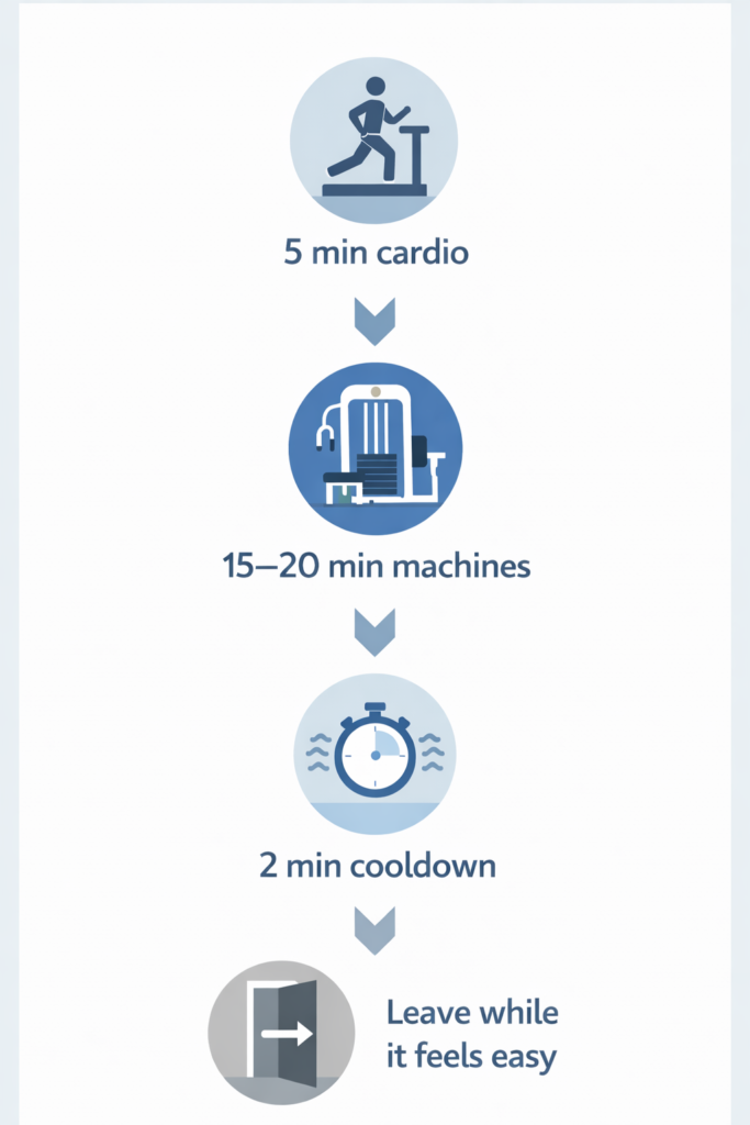 mobile friendly Simple infographic: decision tree with boxes “Station taken? → timer + breaths → swap similar movement → if 2 taken → return to cardio 2 minutes → restart,” clean typography, high contrast, minimal icons,