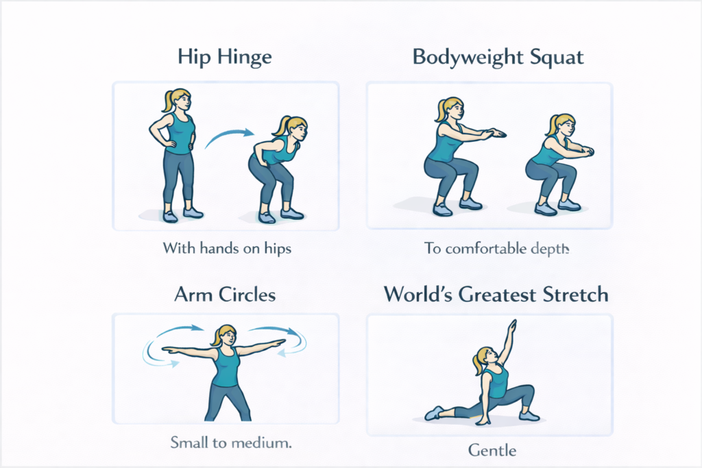 infographic demonstrating hip hinge, bodyweight squat, arm circles, and world's greatest stretch