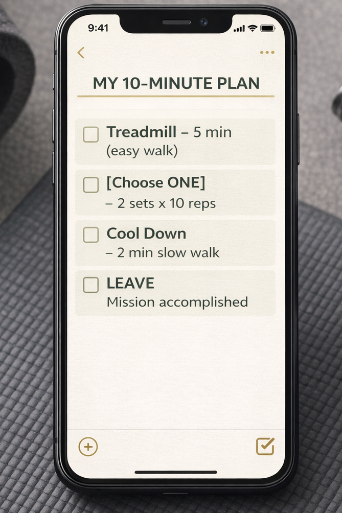 A phone screen showing a simple, pre-written 10-minute gym plan for beginners with anxiety, featuring treadmill time, one machine, and a cool down.