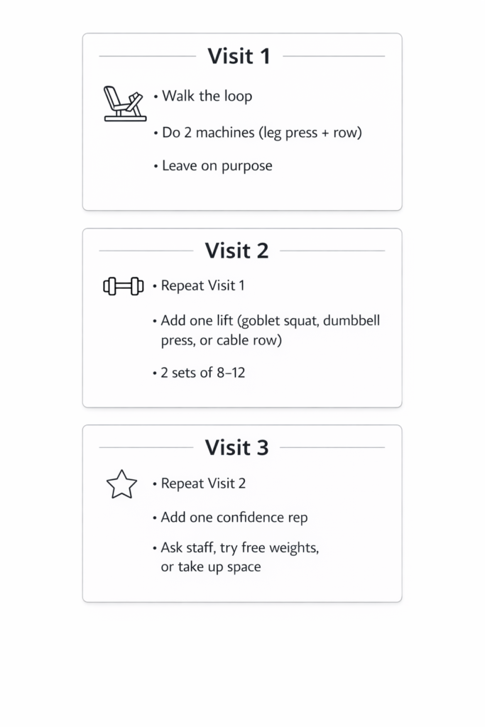 First three gym visits overview. Visit 1: walk the loop, do two machines leg press and row, leave on purpose. Visit 2: repeat visit one, add one lift, two sets of eight to twelve. Visit 3: repeat visit two, add one confidence repโask staff, try free weights, or take up space.