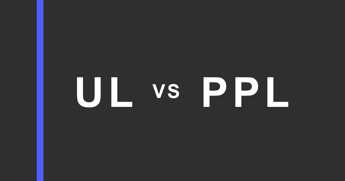 Dark charcoal graphic with a vertical blue bar on the left and large white text reading “UL VS PPL” on the right.