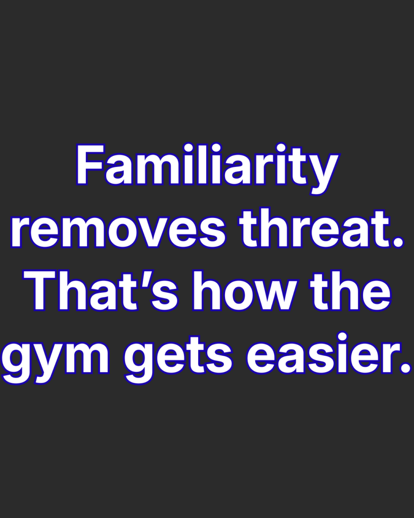 Image displaying text, "Familiarity removes threat. That's how the gym gets easier."