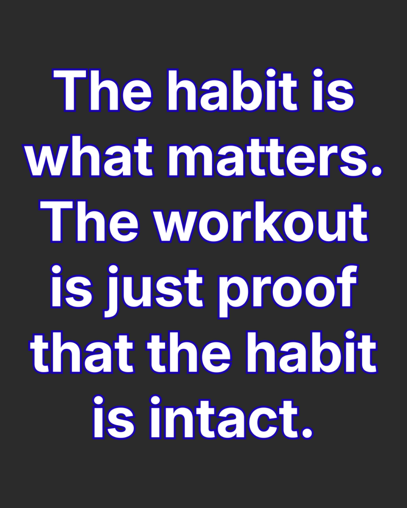 Large white/blue text against a dark background saying, "The habit is what matters. The workout is just proof that the habit is intact."