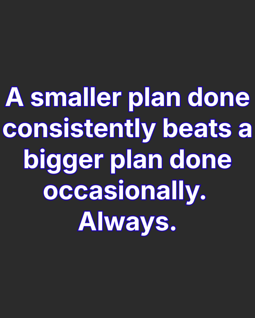 Large white/blue text against a dark background saying, "A smaller plan done consistently beats a bigger plan done occasionally. Always."