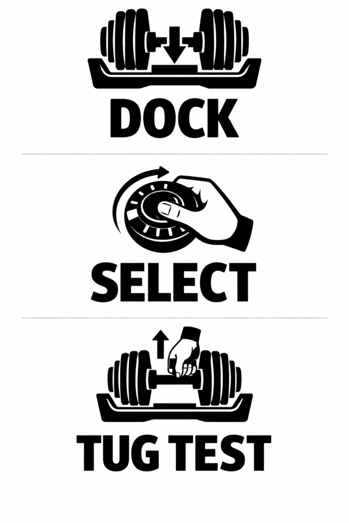 Mobile-optimized vertical infographic with three equal stacked panels showing adjustable dumbbell safety steps: a dumbbell seated in its tray labeled “DOCK,” a hand turning the selector dial labeled “SELECT,” and a hand gripping the handle and pulling upward while the dumbbell stays in the tray labeled “TUG TEST,” in bold black icons and text on a white background with generous spacing.