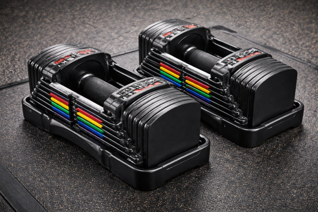 Pair of PowerBlock-style adjustable dumbbells resting in their trays on a rubber gym floor.