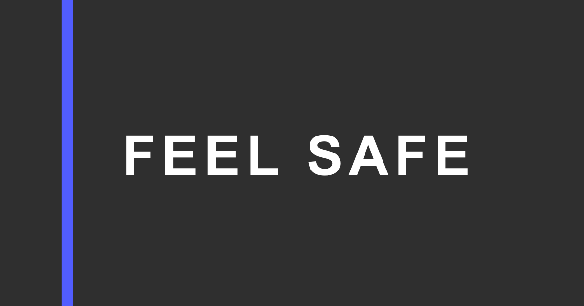 Dark charcoal graphic with a vertical blue bar on the left and large white text reading “FEEL SAFE” on the right.