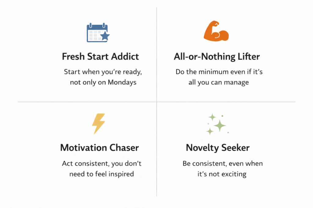 Infographic showing four common workout consistency traps and how to fix them: fresh start addiction, all-or-nothing thinking, motivation chasing, and program hopping