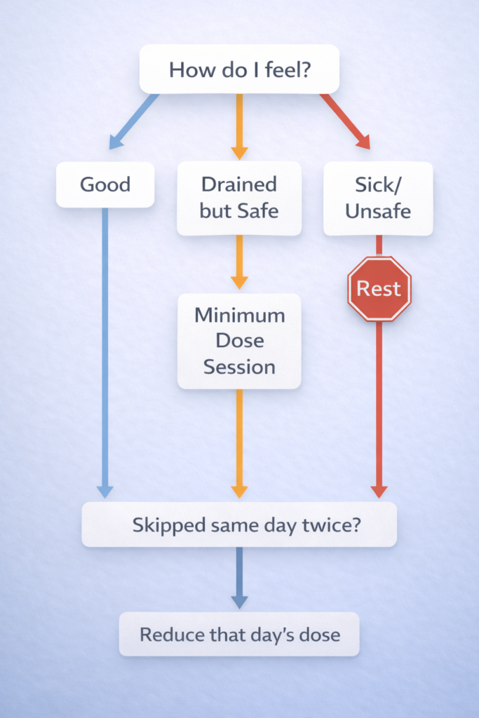 Simple flowchart to decide between an MSD Plan, Minimum Dose Session, or Stop Sign Rest based on how you feel.