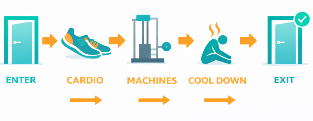 A simple gym map with arrows for "warm-up → machines → stretch → exit