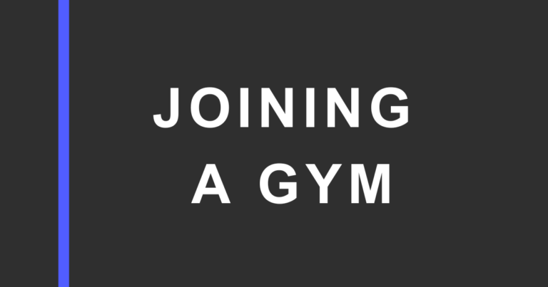 Dark charcoal graphic with a vertical blue bar on the left and large white text reading “JOINING A GYM” on the right.