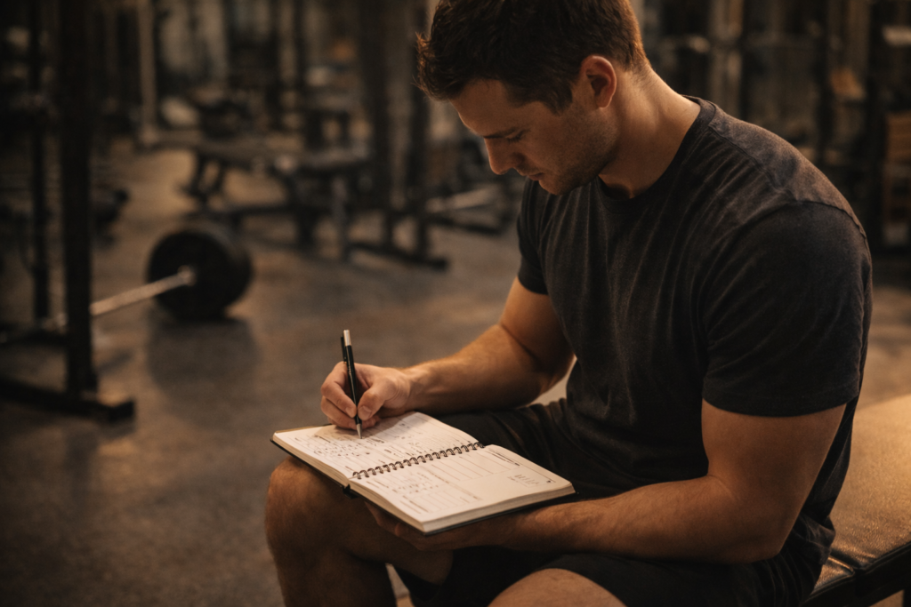 Calm lifter sitting with gym bag and notebook