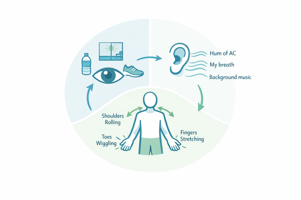 Infographic explaining the 3-3-3 anxiety grounding technique: name 3 things you see, 3 things you hear, and move 3 body parts.