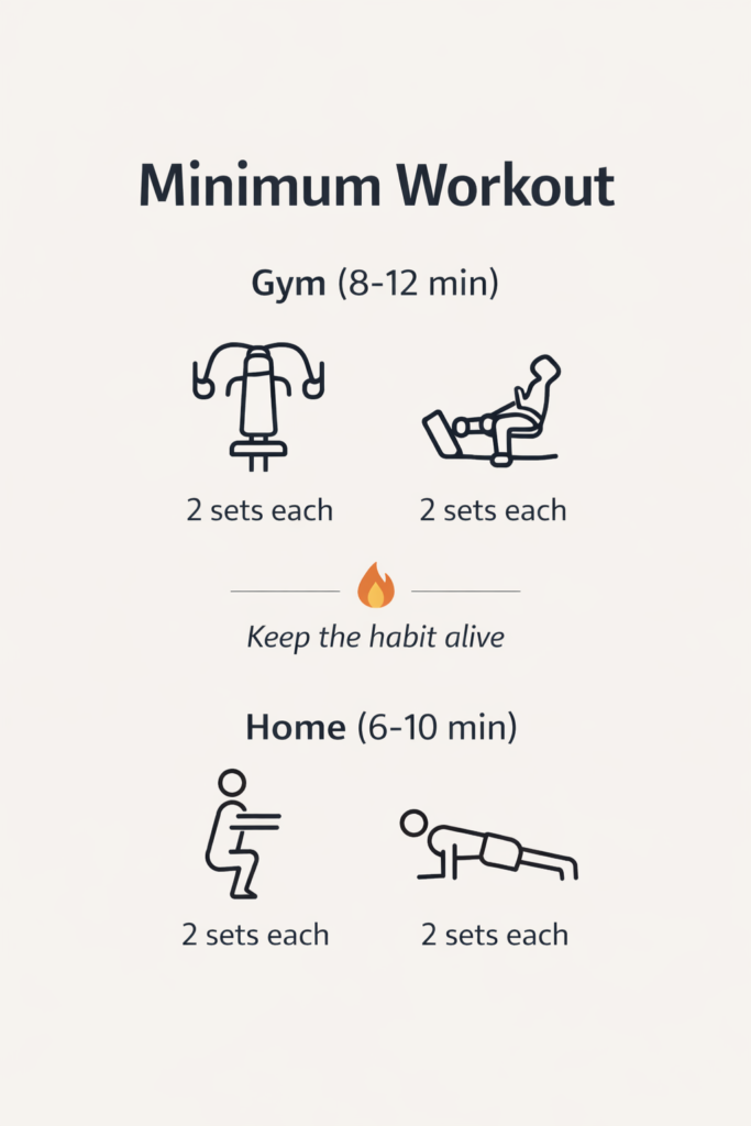 Infographic showing two minimum workout options: gym version with 2 sets each of chest press and machine row (8-12 minutes), and home version with 2 sets each of bodyweight squats and push-ups (6-10 minutes). Small flame icon emphasizes keeping the habit alive.