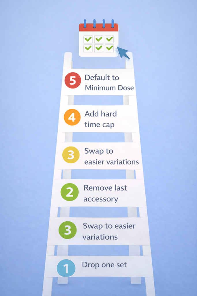 Step-by-step ladder graphic showing how to reduce your training dose if a workout is consistently skipped.