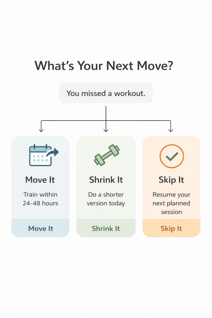 Flowchart showing three options after missing a workout: move it, shrink it, or skip it.