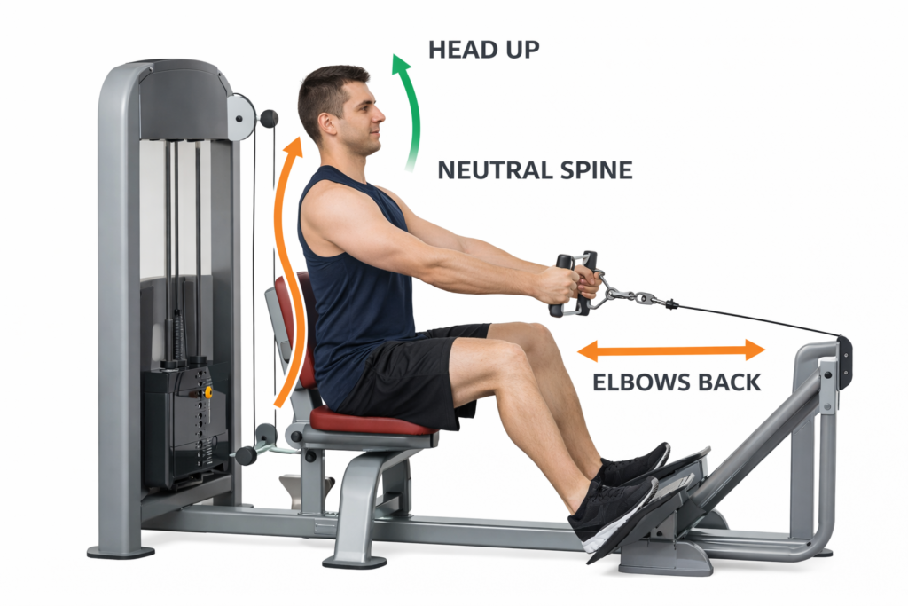 Beginner using a seated row machine with simple labels: "neutral spine," "shoulders down," "pull to ribs"