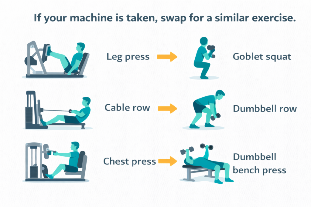 Infographic showing beginner exercise swaps when a machine is taken: leg press → goblet squat, cable row → dumbbell row, and chest press machine mid-press → dumbbell bench press, connected by arrows.