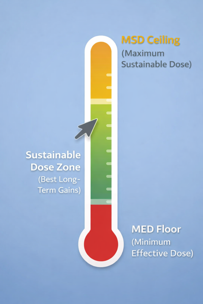 Diagram showing the Minimum Effective Dose (MED) as the floor, the Maximum Sustainable Dose (MSD) as the ceiling, and the optimal Sustainable Dose Zone in between.