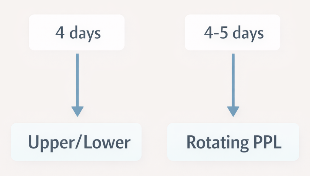 Decision flowchart showing workout split recommendations: 4 days per week leads to Upper/Lower split, 4-5 days per week leads to Rotating PPL, and 6 days per week requires careful evaluation of recovery capacity.