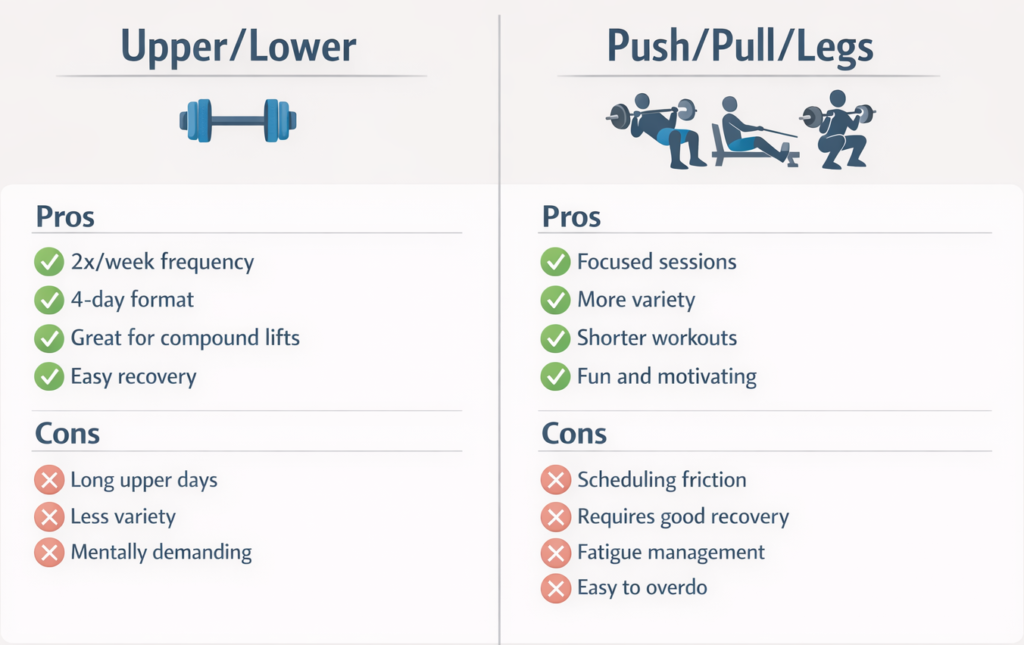 Side-by-side comparison infographic of Upper/Lower versus Push/Pull/Legs workout splits. The Upper/Lower column lists pros including twice-weekly muscle frequency, 4-day format, effectiveness for compound lifts, and easy recovery, with cons of long upper body sessions, less exercise variety, and mental fatigue. The Push/Pull/Legs column shows pros of focused sessions, more variety, shorter workouts, and high motivation, with cons of scheduling challenges, recovery demands, fatigue management needs, and risk of overtraining.