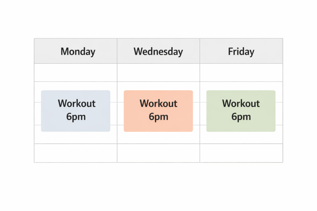 Simple 3-day workout schedule showing Monday, Wednesday, and Friday workout times for beginner consistency