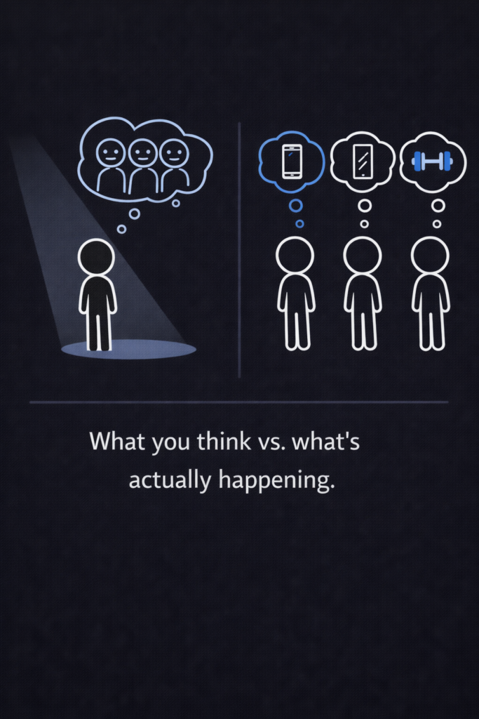 Minimal flat illustration on a dark charcoal background comparing imagined attention with reality. On the left, a white stick figure stands under a large spotlight beam, with a thought bubble showing three other stick figures staring at them. On the right, three separate white stick figures each have their own thought bubble: one shows a phone, one a mirror, and one a dumbbell. A simple caption below reads, โWhat you think vs. whatโs actually happening.โ White line art with blue accents in a vertical 4:5 layout.